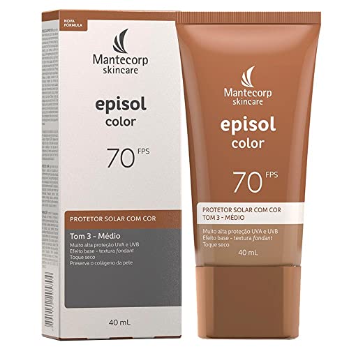 MANTECORP - Protetor Solar Facial Episol Color FPS 70 - Efeito Base, Alta Proteção UVA e UVB, Toque Seco, Rápida Absorção - Tom 3 Médio - 40ml