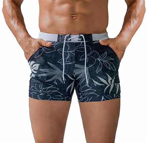 Panegy Sunga masculina calção de banho short sexy perna quadrada roupa de banho esportiva com cordão