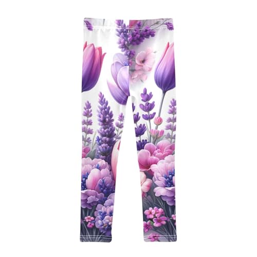 Pink and Purple Flowers Girls Leggings Stretchy Dance Pants for Kids2