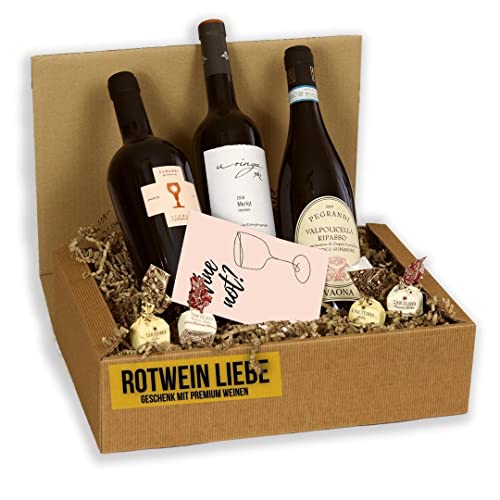 Wein Geschenk Premium Rotwein | Probierpaket gefüllt mit italienischen Pralinen und 3 Rotweinen | Präsentkorb für Frauen & Männer | Geschenkset | Geschenkidee Wein Schokolade Cover