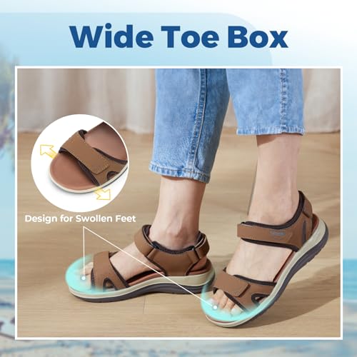 Image of FitVille Women's Orthopedic Wide Sandals Strappy Arch Support Flat Sandals for Plantar Fasciitis & Swollen Feet | Adjustable Ankle Strap