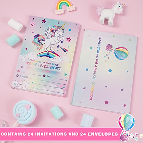 Wernnsai Unicorn Party Invitation - 24Pcs Rainbow Unicorn Party Supplies Fill-In Invitations With Envelopes For Girls Birthday Baby Shower Double-Sided Printed Invite Cards #TOP5