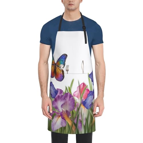 Foursssve Delantales de cocina para mujeres y hombres, delantal impermeable con bolsillos, delantal de chef ajustable, diseño de flor de iris y mariposa, Como se muestra en la imagen, Talla única