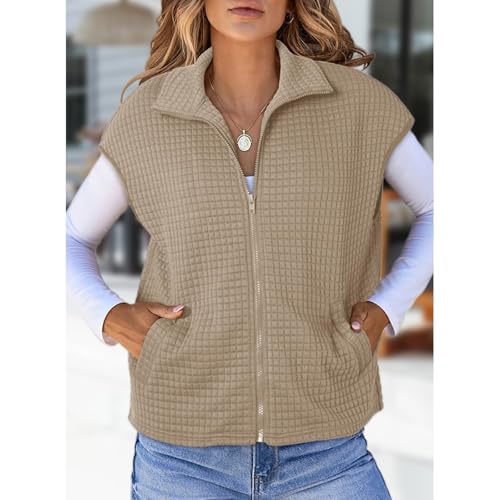 Kubbon Womens Vest Tops Sleeveless Waffle Knit Jacket Full Zipper Fall Lightweight Sweatshirts Stand Collar Gilet Vest3
