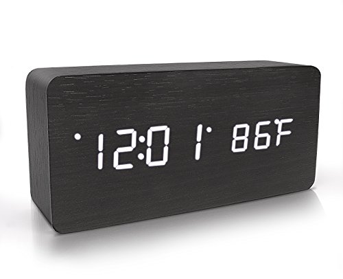 Warmhoming Wooden Digital Alarm Clock, Acoustic Control Clock with Time Temperature and Voice Control, Black