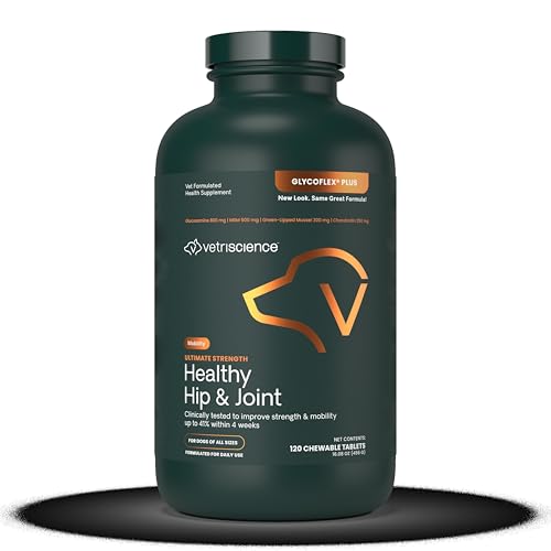 VetriScience Ultimate Strength Healthy Hip & Joint Chewable Tablets, GlycoFlex Glucosamine, Chondroitin and Green-Lipped Mussel Joint Supplement for Dogs, Soothe Joint Discomfort, Chicken, 120 Count