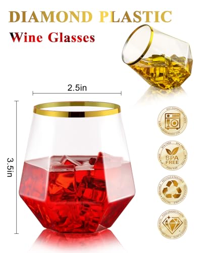 Image of BESTSTAR 40 PCS Clear & Gold Rim 12 Oz Diamond Plastic Wine Whiskey Glasses | Stemless Unbreakable Disposable Wine Glasses for Party,Ideal for Beach Holidays,Halloween, Christmas, Weddings,Daily Use