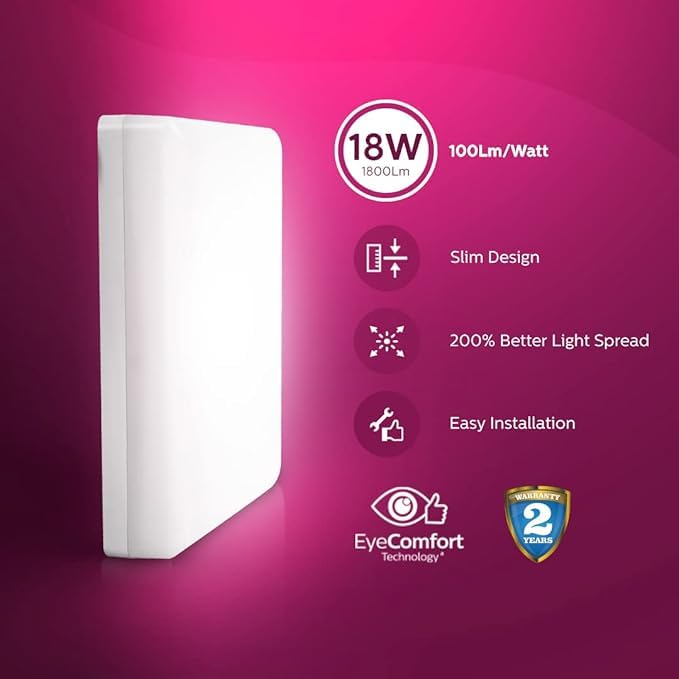 Image of Philips 18W Square FullGlow Surface LED Panel Light | Neutral White 4000K | Energy-Efficient Ceiling Light for Home, Office & Commercial Use