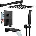 gotonovo Shower System with Tub Spout,Waterfall Tub Shower Faucet Set for Bathroom with 10 inch Rain Shower Head and Handheld Spray Wall Mounted Rough-in Valve and Trim Included Matte Black