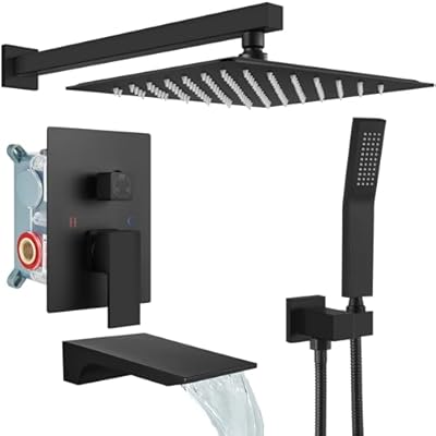 gotonovo Shower System with Tub Spout,Waterfall Tub Shower Faucet Set for Bathroom with 10 inch Rain Shower Head and Handheld Spray Wall Mounted Rough-in Valve and Trim Included Matte Black