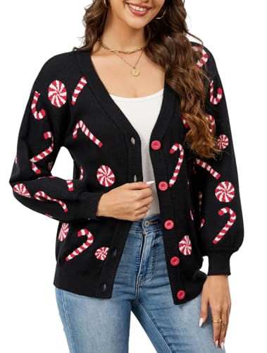 Image of LUBOT Ugly Christmas Sweaters for Women Soft Holiday Long Sleeve V Neck/Crewneck Xmas Knit Sweaters, (Cardigan) Black Candy, L