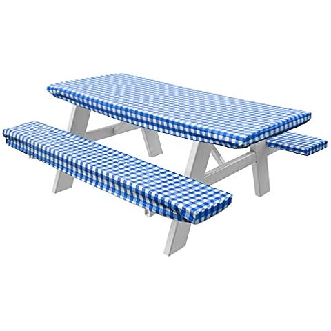 HomeCrate Checkered 72 Inch Picnic Table and Bench Fitted Tablecloth Cover, 3-Piece, Blue Cover