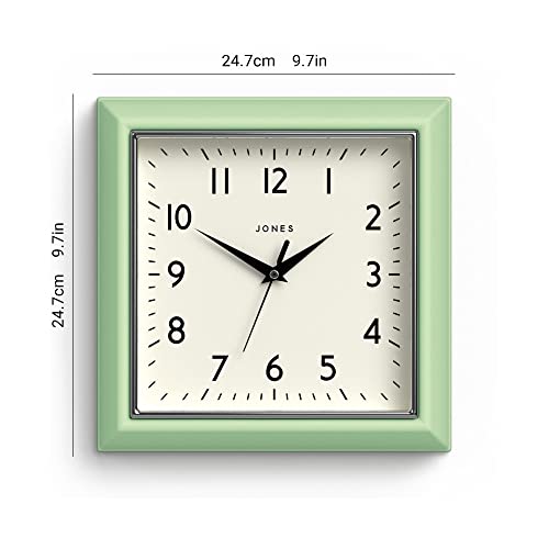 Jones Clocks® The Mustard Wall Clock - Analog Wall Clock - Retro Clock - Kitchen Wall Clocks - Easy To Read Dial - Square Wall Clock - British Design - 10In Clock (Neo Mint) #TOP2