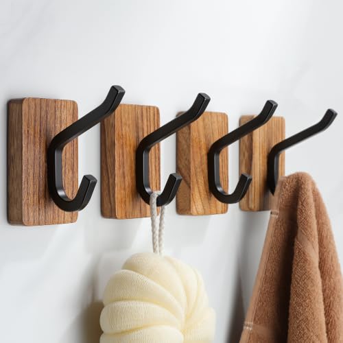 DELITON Wooden Adhesive Wall Hooks 4 Pack, Rustic Heavy Duty Coat Hooks