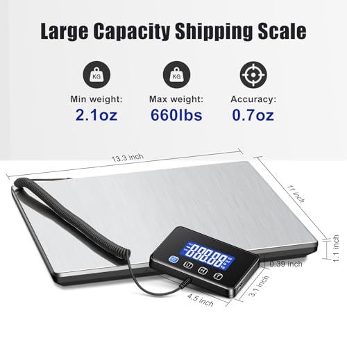 Image of KUAIVO Shipping Scale, 660lbs Heavy Duty Digital Postal Scale for Packages, 0.7oz High Accurate Postage Scale for Small Business, Luggage, Home Use, Battery & Charging Cable Include
