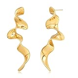 HolidayQbee Gold Drop Earrings for Women, Unique Wavy Drop Earrings, Hypoallergenic Twisted Statement Jewelry for Women