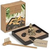 mijoma mini zen - set da giardino con statuetta di buddha, decorazione da tavolo per la consapevolezza e la meditazione, con sabbia, pietre e rastrello, decorazione giapponese per ufficio e casa