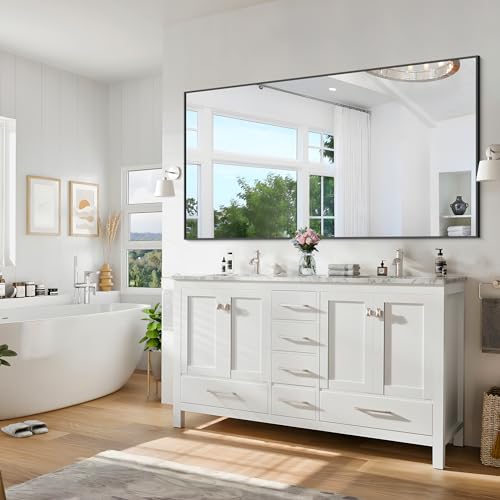 Image of Black Bathroom Mirror for Wall, 55x30 Inch Rectangle Mirrors with Metal Frame, Modern Vanity Wall Mirror Decor for Bathroom Living Room, Entryway Hangs Horizontal or Vertical