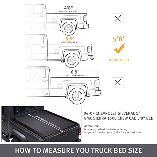 Perfit Liner Soft Roll Up Truck Bed Tonneau Cover Compatible With 2004 2005 2006 Chevy Silverado/Gmc Sierra 1500 | 2007 Classic Body With Side Rail Fleetside 5'8" Bed Black #TOP1