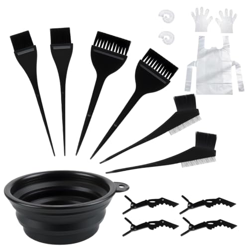 17 Pz Kit Tintura Capelli: 6 Pennello Tinta Capellio, 4 Fermagli per Capellio, 1 Ciotola per Tintura, Kit Tinta Capelli fai da te, 6 guanti, grembiule e set pennelli da parrucchiere in salone/a casa