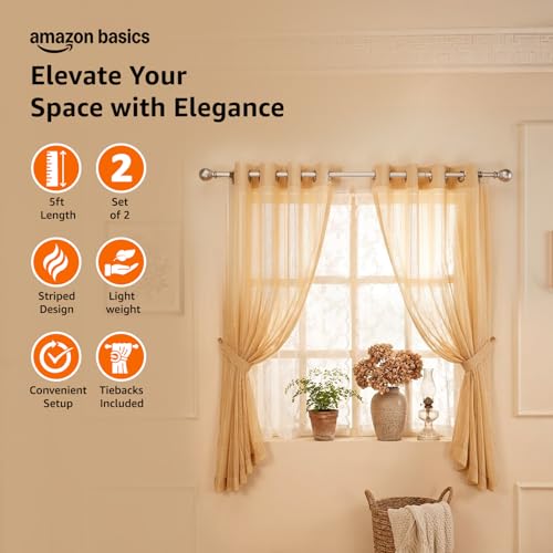 Image of Amazon Basics - Stripe Textured Sheer Door Curtains | Light Filtering | 5 Feet | Set of 2 | Striped Design | for Living Room, Bedroom & Balcony | 115 cm x 150 cm, Color - Cream