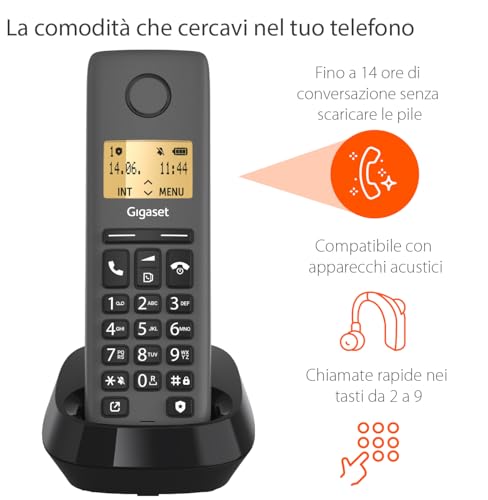 Gigaset Pure 120 – telefon bezprzewodowy z ochroną połączeń i ECO DECT – podświetlany wyświetlacz – kompatybilny z aparatami słuchowymi, antracytowo-czarny [kompatybilny z DE, IT, FR, NL, BE, Che, AUT