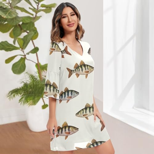 Robe d'été vintage poisson beige chic avec manches 3/4 - 3