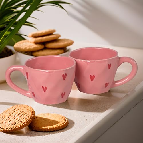 Image of Ceramic Coffee Mug with Red Hearts Pattern, White (Large, 2, Count)