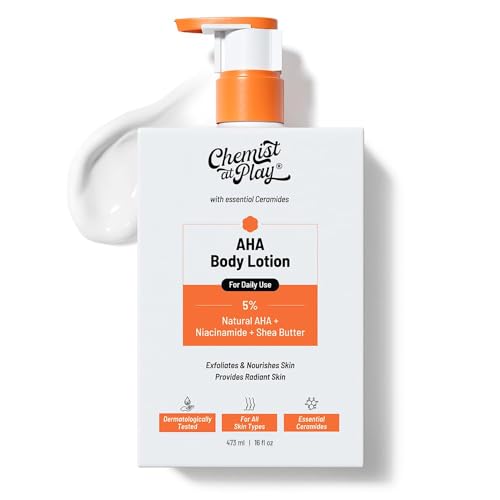 Image of Chemist At Play AHA Body Lotion for Dry Skin | Exfoliates Dead Skin, Deeply Nourishes & Boosts Radiance | With 5% Natural AHA, Niacinamide & Shea Butter | Skin Brightening & Moisturising Lotion- 473ml