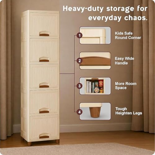 Image of Multipurpose Foldable Drawer Cabinet Organizer - Plastic Storage Cupboard with Double Door & Wheels | Clothes Rack, Kids Wardrobe for Home, Kitchen, Office (Ivory Drawer) 5 Layer