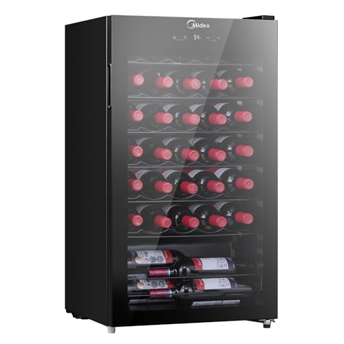 Midea Vinoteca MDRW150FGG22, 34 botellas, 1 zona 5 ℃-18 ℃, pantalla táctil, silenciosa 40 dB, cristal anti-UV, LED 3D, instalación libre, 47 x 44 x 84,5 cm, negro