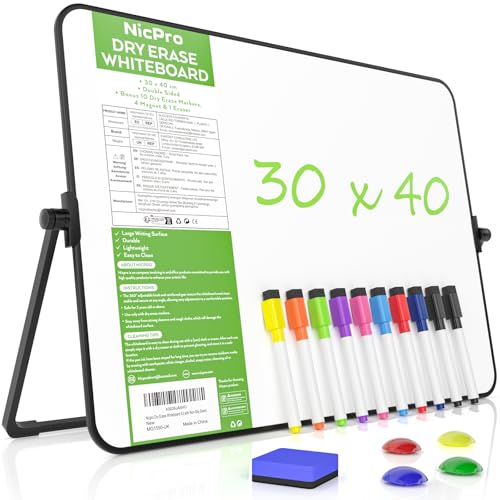Nicpro Pizarra blanca de borrado en seco A3 con soporte, 30 x 40 cm, pizarra blanca magnética de doble cara con 10 bolígrafos, 4 imanes, borrador, caballete de escritura portátil para niños, dibujo