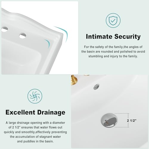 Bathroom Pedestal Sinks,Pedestal Sink 23" W X 19" D Vintage White Ceramic Pedestal Bathroom Sink With Overflow and 3 Pre-Drilled Holes - Fits 8-Inch Faucets