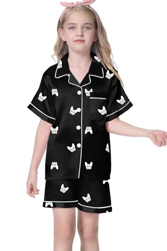 Image of Umeyda Women & Girls Pajamas Set, Soft Satin Lightweight Silk Button-Down Top with Shorts 2 Piece PJS for Mom Boys Kids Gifts