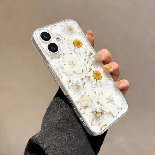 Coque iPhone 17 antichoc transparente ornée de véritables fleurs blanches