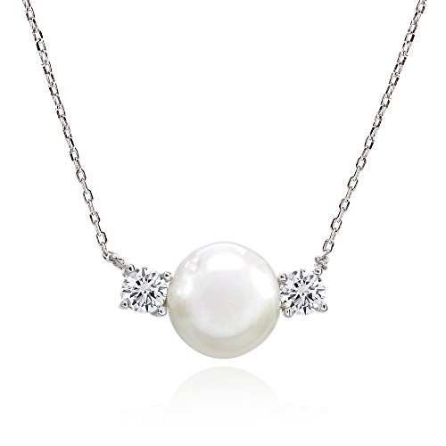 Sterling Silver Simulated White Pearl and Cubic Zirconia 3-Stone Necklace