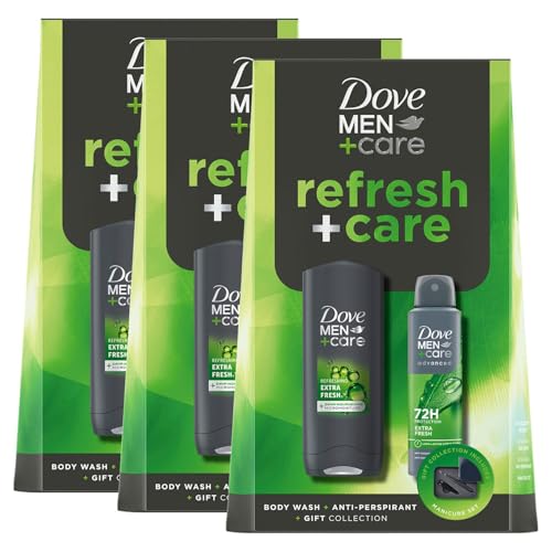 Image of Dove Men+Care Refresh and Care Gift Set for Him, 3 Pack- Extra Fresh Body Wash, Deodorant and Grooming Tools, 3-in-1 Skincare and 72H Protection, Self-Care Gift for Men with Manicure Kit