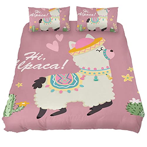 Duvet Cover Set Hi Alpaca ! Lovely Alpaca & Cactus Comforter Cover Kids Bedding Set, Ultra Soft 3 Piece Duvet Cover With Zipper Closure (1 Duvet Cover +2 Pillow Shams) #TOP1