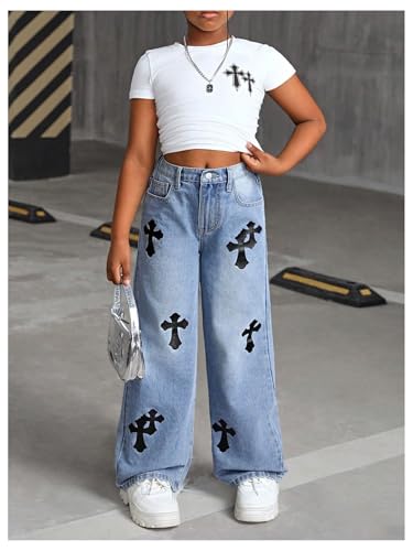 Verdusa Girl's Cross Wide Leg Baggy Jeans Elastic Waist Denim Pants with Pockets4
