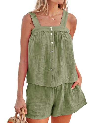 Women's Button Down Cami Pajamas Set Summer Cotton 2 Piece Shorts Set Beach Vacataion Outfits With Pocket