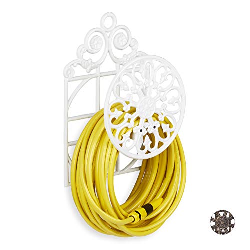 Relaxdays Enrollador de Manguera, Soporte Grande para la Pared, Vintage, Hierro Fundido, 50 x 32 x 20 cm, Blanco