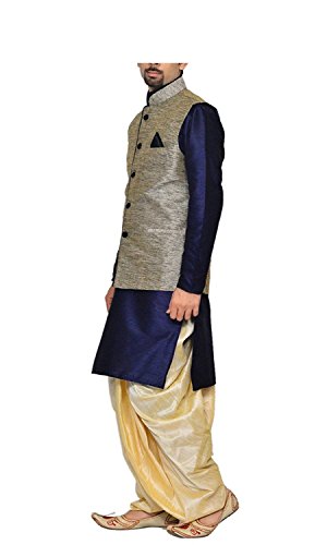 Image of Men's Silk Blend Solid Kurta Dhoti Set with Designer Ethnic Nehru Jacket