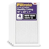 Filtrete 16x20x1 AC Furnace Air Filter, MERV 12, MPR 1500, CERTIFIED asthma & allergy friendly, 3 Month Pleated 1-Inch Electrostatic Air Cleaning Filter, 4-Pack (Actual Size 15.69 x 19.69 x 0.78 in)