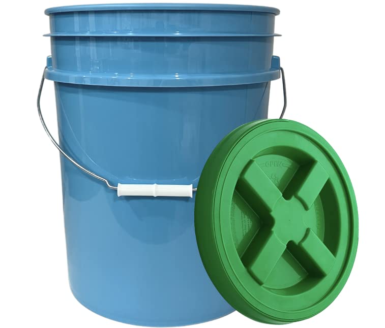 House Naturals 5 Gallon Food Grade Plastic Bucket with screw on Air tight Lid, Made in USA pails (Pack of 3) (Light Blue- Green Lids)