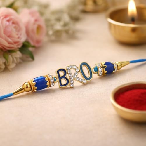 Image of JAIPUR ACE BRO Designer Rakhi Gift Set for Brother | Blue Thread Rakhi with Greeting Card & Roli Chawal Pouch | Premium Raksha Bandhan Gift | Traditional Brother Rakhi | Bro Rakhi