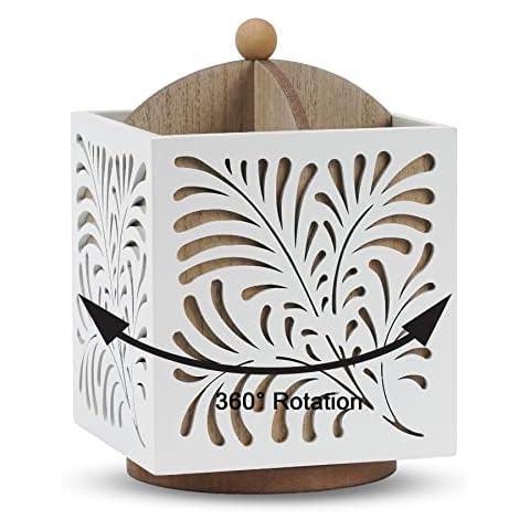 Optyuwah Rotating Cutlery Box Wooden Kitchen Utensil Holder - 4 Compartments Cutlery Stand Cutlery Basket Table for Spoon Fork Knife Cutlery Holder with Hollow Pattern Cutlery Box for Home Business Cover