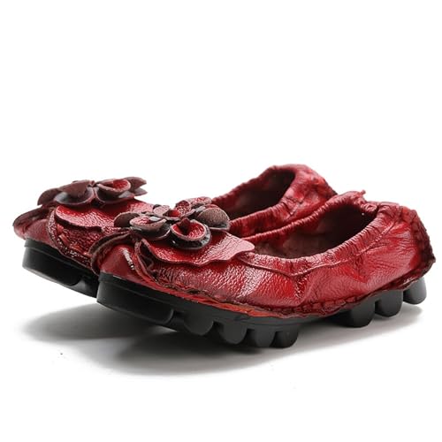 Flowers Loafers for Women's, Vintage Leather Lightweight Soft Sole Flat Shoes, Round Toe Slip on Non-Slip Mom Nurse Walking Shoes