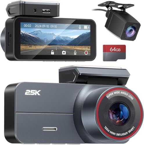 Yonvim Dashcam Auto Vorne Hinten 2.5K QHD Dual Dash Camera für Autos, Super Nachtsicht, Loop Recording, 3.39’ IPS Display, 64GB Karte inkl.,Parkmodus