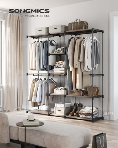 SONGMICS Kleiderschrank, Kleiderständer, freistehende Garderobe, mit Kleiderstangen, Garderobenständer, Stoffablagen, Metallrahmen, 182 x 43 x 182 cm, Taupe RYG037R02