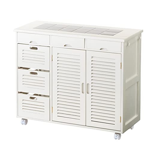 ぼん家具 キッチンワゴン キャスター付き 木製 桐 幅82×奥行35×高さ70cm 収納ワゴン 扉付き 両開き 引き出し 6杯 完成品 ホワイト